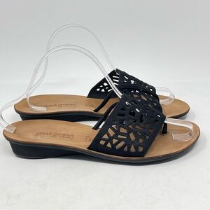 Paul Green Laser Cut Sandals Womens 8.5 UK 6 Black Leather Toe Post Casual